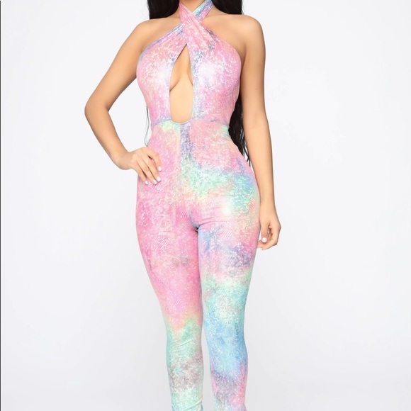 Fashion Nova Pants - Fashion Nova Halter Multicolored Skinny Leg Jumpsuit NWT Holographic